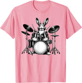 Cute Rabbit Bunny Playing Drums Rabbits Drummer Music T-Shirt in Pink