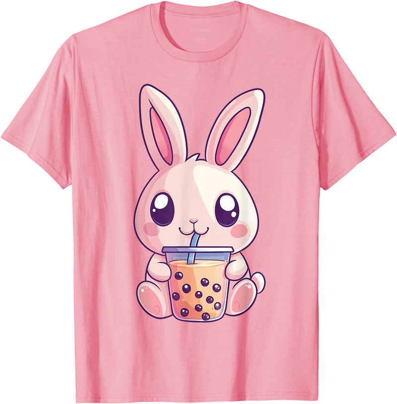 Kawaii Bunny Rabbit Boba Tea Anime Cute Easter Graphic T-Shirt in Pink