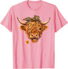Highland Cow Lover Western Cowgirl Cowboy Farmer Cute Highland Cow Leopard Bow Bandana Western Cowboy Cowgirl T-Shirt - Pink