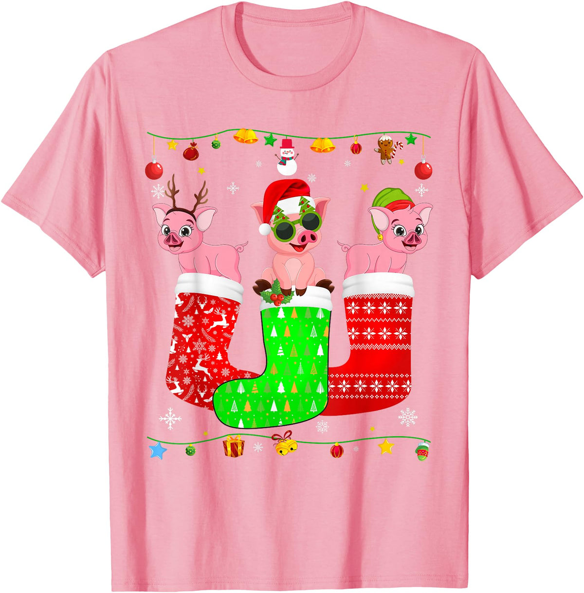 Christmas Pajama Top Matching Outfit Co Three Pig In Christmas Socks Matching Xmas Pajama T-Shirt - Pink