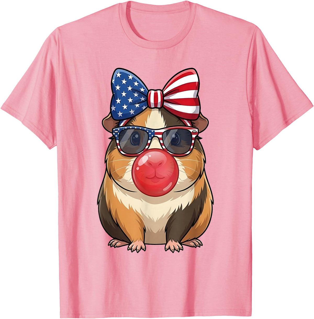 Cute Guinea Pig Bubble Gum Coquette Bow Girls Kids Patriotic Guinea Pig 4th of July Bow American Flag Girls T-Shirt - Pink