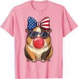 Cute Guinea Pig Bubble Gum Coquette Bow Girls Kids Patriotic Guinea Pig 4th of July Bow American Flag Girls T-Shirt - Pink