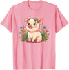Cute Farm Piglet With Wildflowers Pastel Kawaii Baby Pig Surrounded by Colorful Flowers T-Shirt - Pink