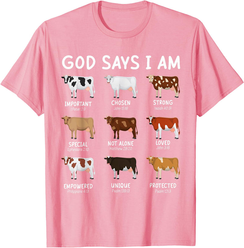God Says I Am Christian Bible Verse Apparel God Says I Am Cute Heifer Cow Bible Verse Christian T-Shirt - Pink