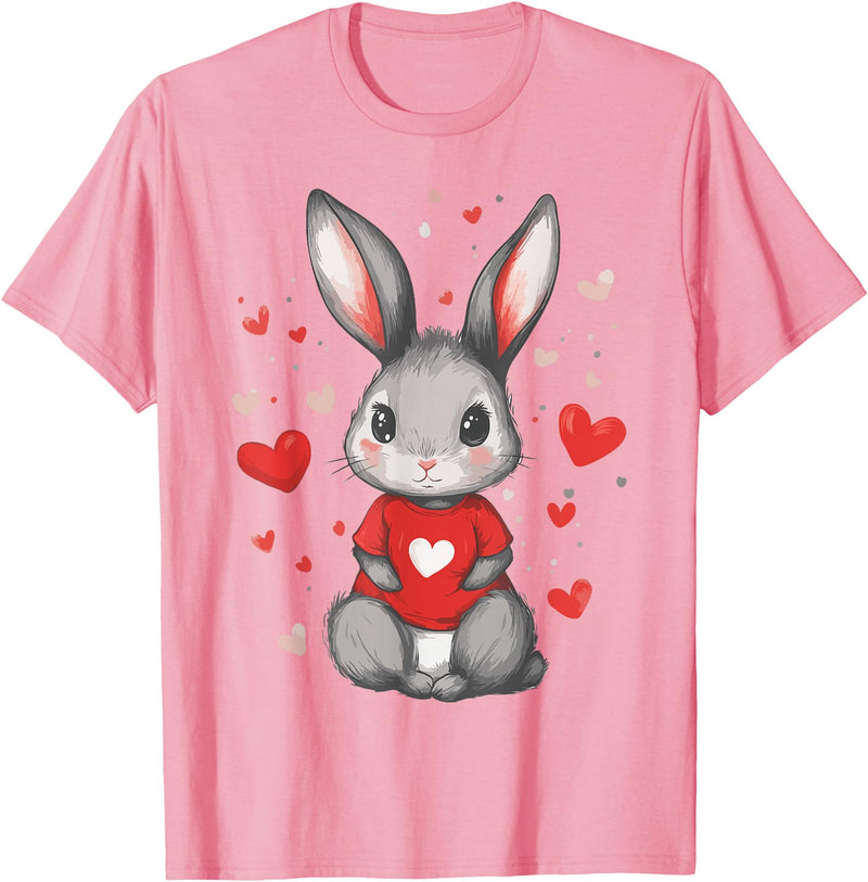 Rabbit Lover Heart Girls Valentine’s Day Women Bunny T-Shirt in Pink