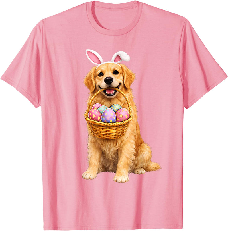 Golden Retriever Bunny Ears Eggs Cute Easter Dogs T-Shirt in Pink