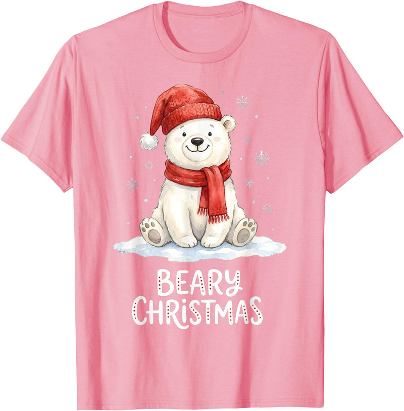 Christmas Pajama Xmas Party Candy Cane Gingerbread Cute Beary Christmas Polar Watercolor Xmas Holiday T-Shirt - Pink