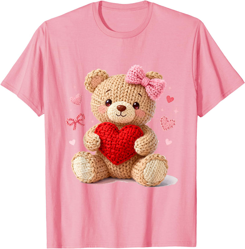 Cute Crochet Valentine Love Art Studio Be My Valentine Cute Crochet Yarn Teddy Bear Love T-Shirt - Pink