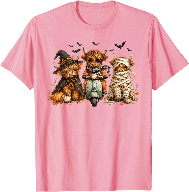 Fluffy Bovine Designs Cute Highland Cow Halloween Trio Spooky Fun T-Shirt - Pink