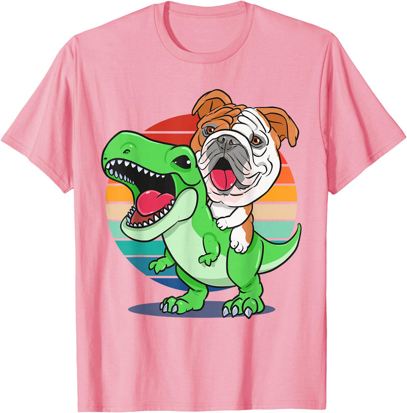 English Bulldog Funny Dinosaur Kids Mom Gift Tees Funny English Bulldog Riding Cute T-Rex Dinosaur Dog Mom T-Shirt - Pink
