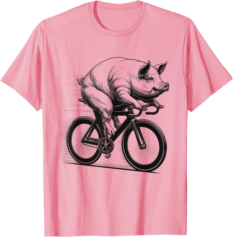 Pig Biker Pig Riding Bike Biker Bicycle Lover Biking T-Shirt - Pink