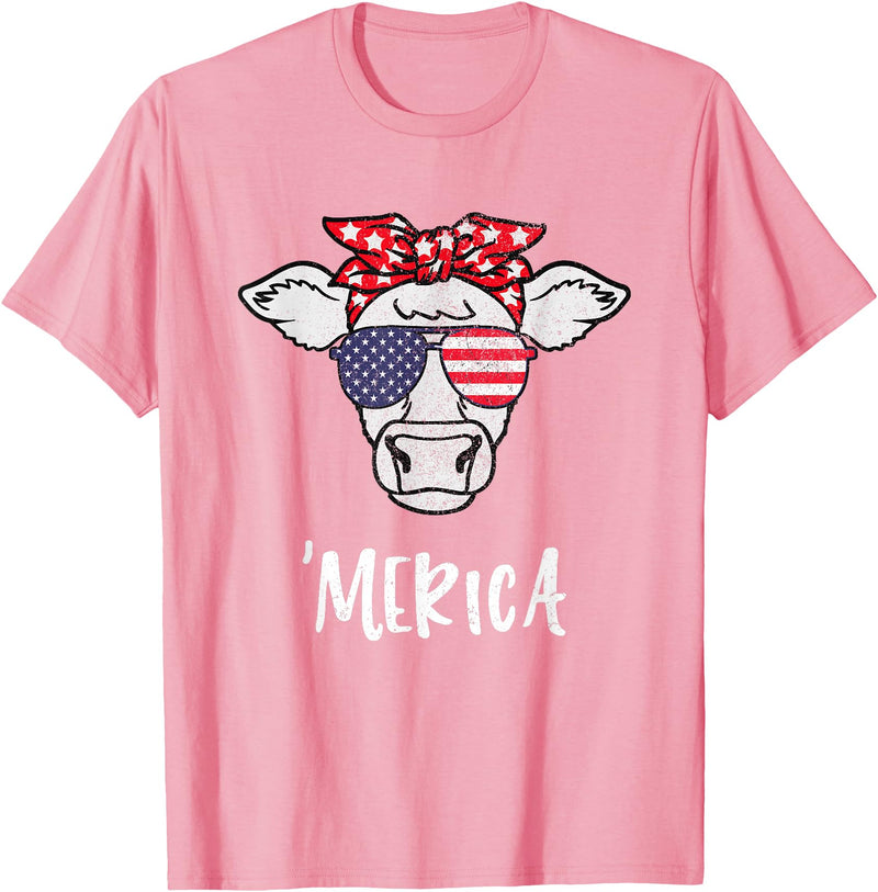 Funny Merica Cow America 4th Of July Retro Vintage Merica American Cow American Flag Retro Vintage Patriotic T-Shirt - Pink