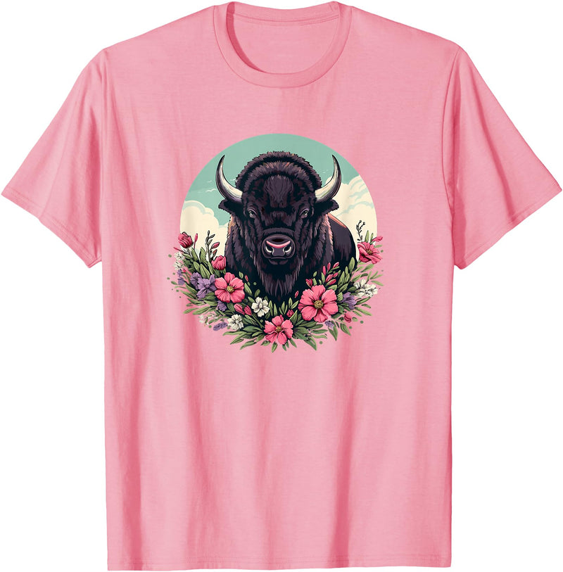 Wild Plains Buffalo Bison Gifts T Shirts & Hoodies Womens Girls Old West Retro Vintage Floral Buffalo Lover T-Shirt - Pink