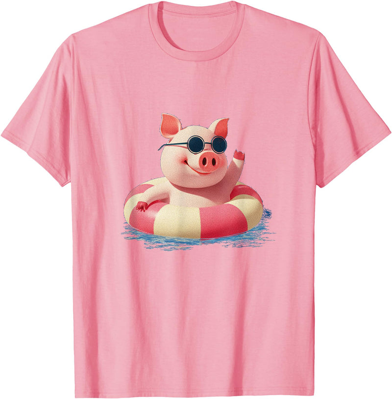 Vacation Pig Outfit Pig Sunglasses Graphic with Beach Ring T-Shirt - Pink