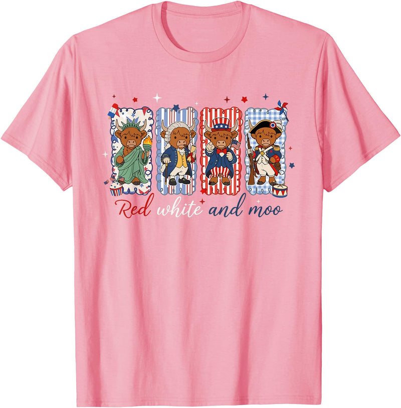 Red White Moo Patriotic Highland Cow Red White and Moo Highland Cow USA 4th of July 250th Years T-Shirt - Pink