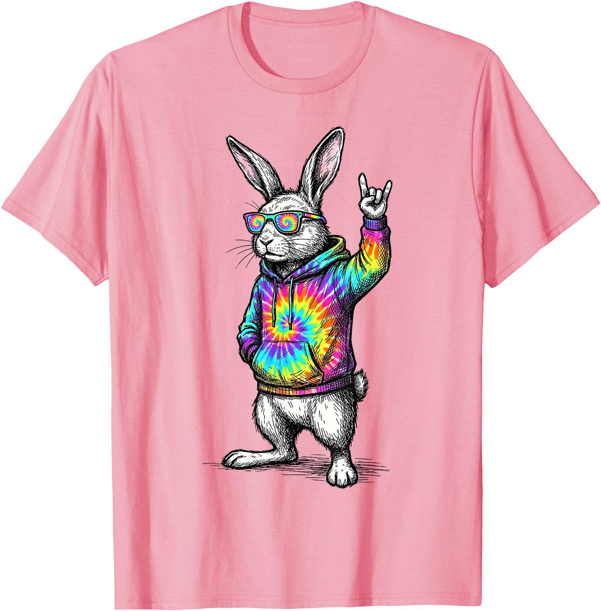 Cute Easter Bunny Rock Rabbit Sunglasses Happy Easter T-Shirt in Pink