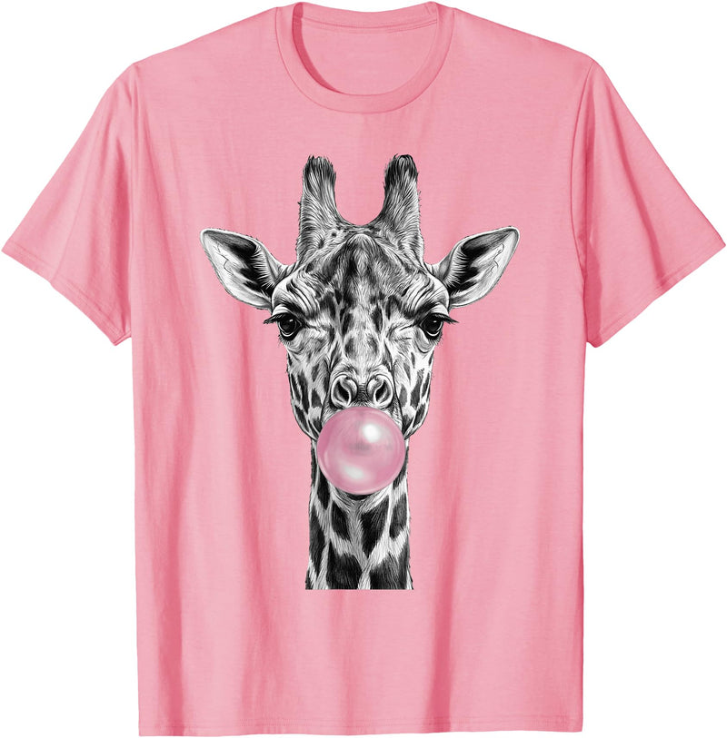 Wild Bubble Art Cool Giraffe Blowing Pink Bubblegum Sketch Art T-Shirt - Pink