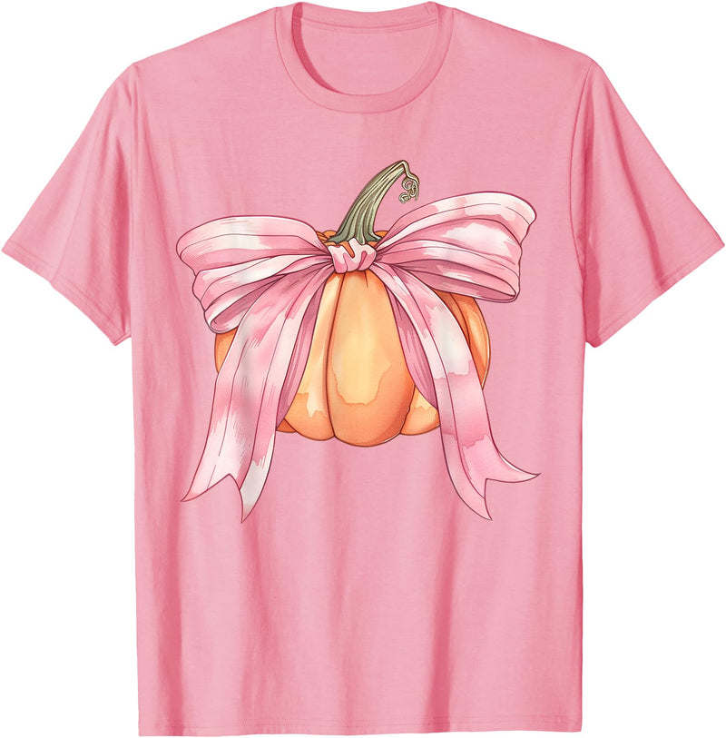 Coquette Halloween Tees NYC Coquette Autumn Pumpkin Pink Bow Girly Halloween Fall Women T-Shirt - Pink