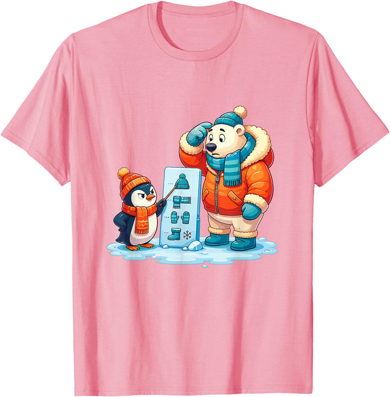 Cute Winter Penguin Polar Bear Humor Funny Penguin Teaching Polar Bear Winter T-Shirt - Pink