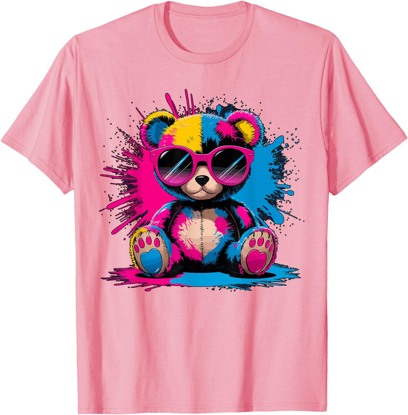 Magical and Funny Bear lover Gifts Colorful Teddy Bear with Sunglasses T-Shirt - Pink