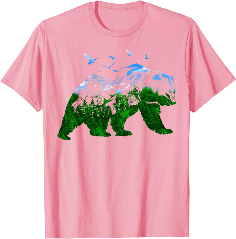 Nature Forest Trees Mountains Bear Wildlife Shirts Bear Nature Outdoor Mountains Forest Trees Bear Wildlife T-Shirt - Pink