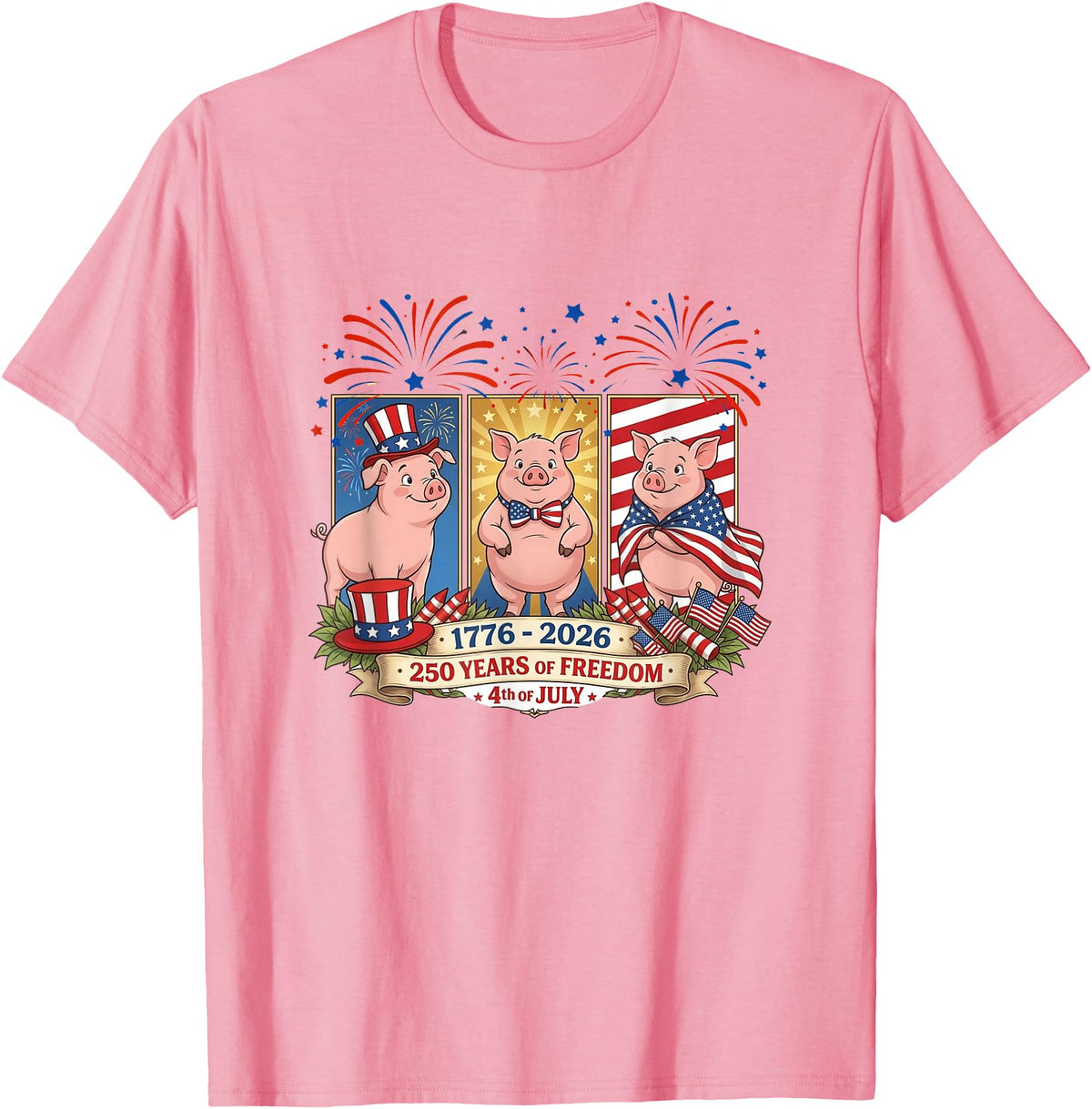 Farmer 4th Of July Costume 1776-2026 Proud 250th Freedom 4th July Three Cute Pigs T-Shirt - Pink
