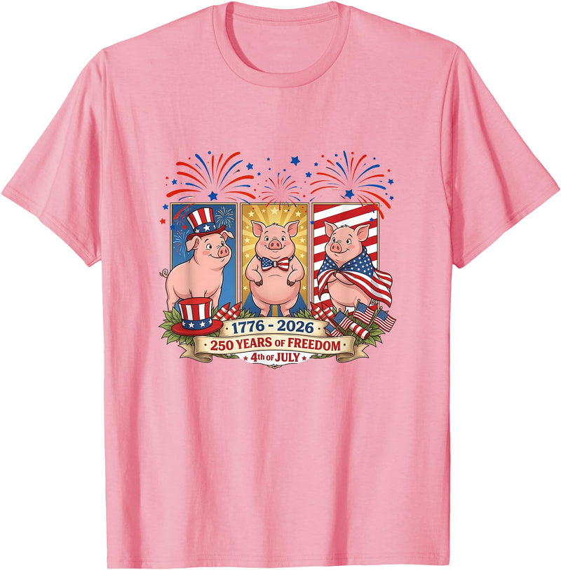 Farmer 4th Of July Costume 1776-2026 Proud 250th Freedom 4th July Three Cute Pigs T-Shirt - Pink