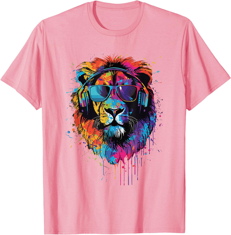 Lion Sunglasses Headphones Design Lion Sunglasses Headphones T-Shirt - Pink