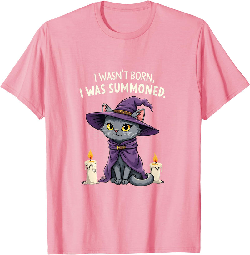 Halloween Cat With Purple Witch Hat Summoned I Wasn't Born I Was Summoned Halloween Black Cat T-Shirt - Pink