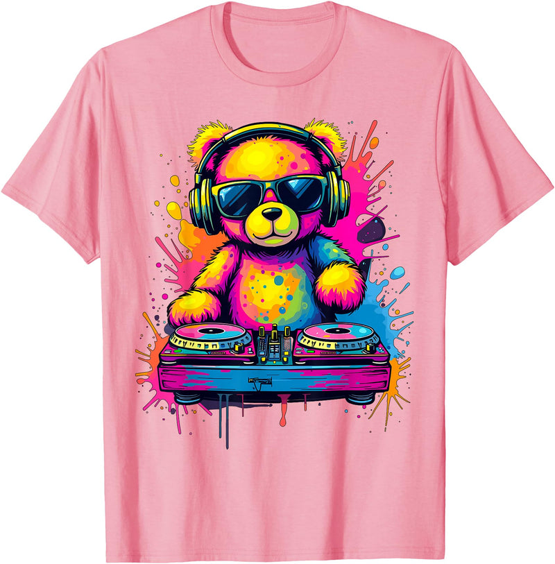 Magical and Funny DJ Gifts Colorful DJ Teddy Bear T-Shirt, Unisex-Kids, Black, Small, Long Sleeve, Classic Fit, Polyester 100% - Pink