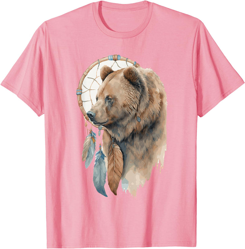 More Tribal Native American Totem Animal Art Bear Tribal Watercolor Bear Dream Catcher T-Shirt - Pink