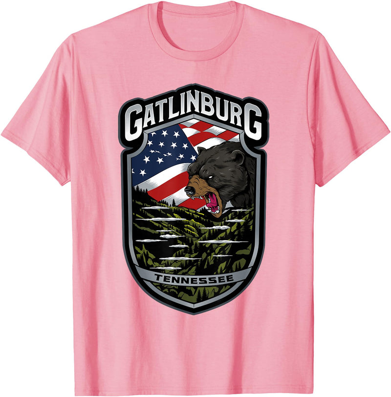 Great Smoky Mountains National Park Souvenirs Gatlinburg Tennessee Souvenirs Bears Gifts TN American Flag T-Shirt - Pink