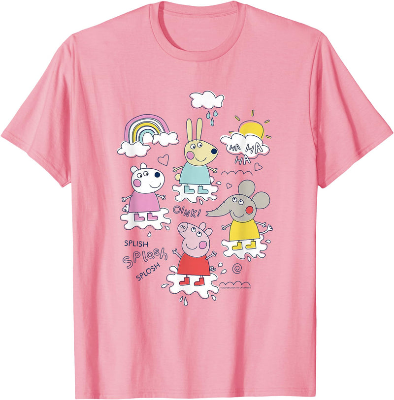 Peppa Pig Splish Splash Splosh Friends Playing In Puddles T-Shirt - Pink
