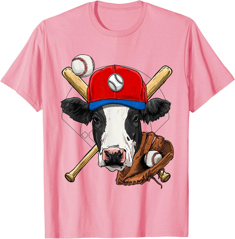 Wowsome! Cow Baseball Cow Lovers Baseball Player T-Shirt - Pink