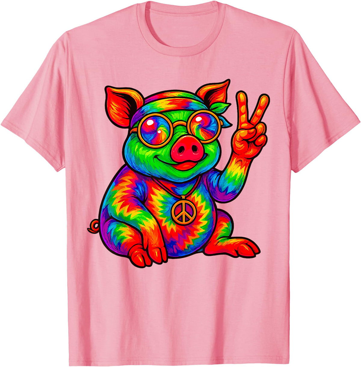 Magical and Funny Pig Gifts Tie-Dye Pig Peace Sign Hippo T-Shirt - Pink