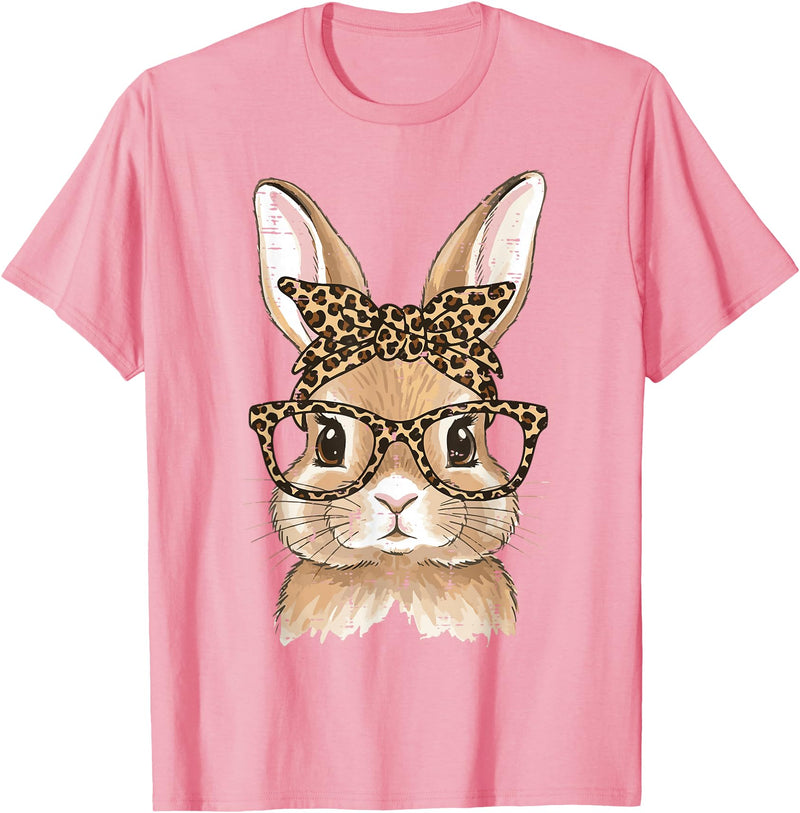 Easter Bunny Leopard Glasses Bandana Rabbit Women Girls Kids T-Shirt in Pink