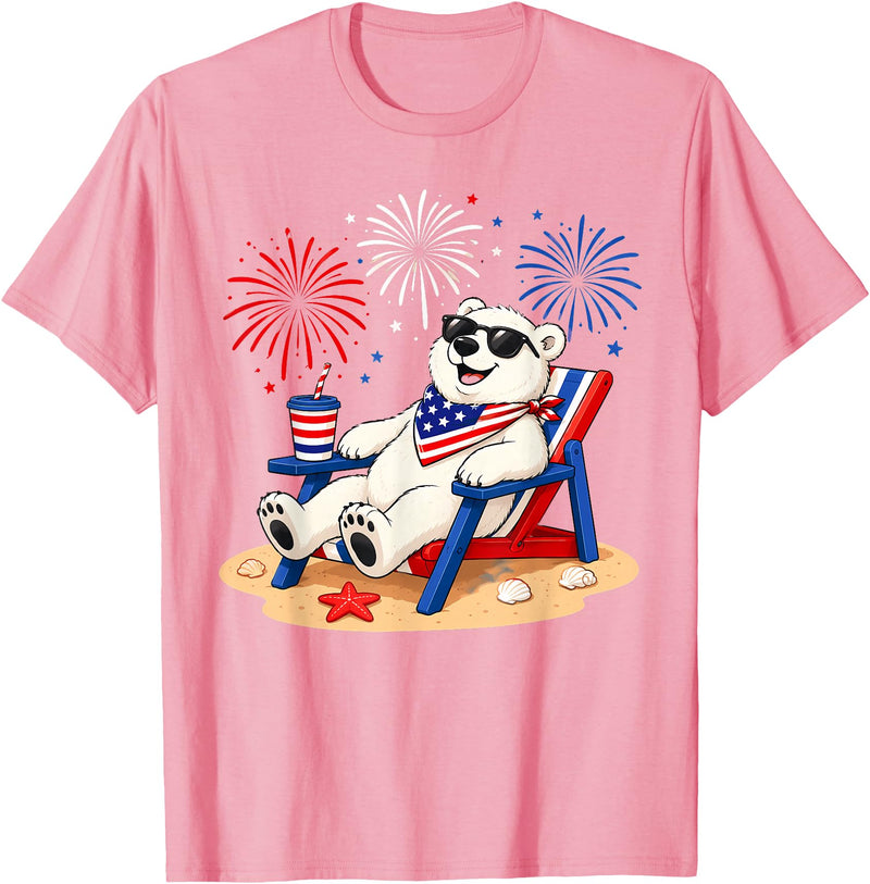 Polar Bear Patriotic Happy Beach Paws Co 4th of July Polar Bear Happy Beach Patriotic Animal Lovers T-Shirt - Pink