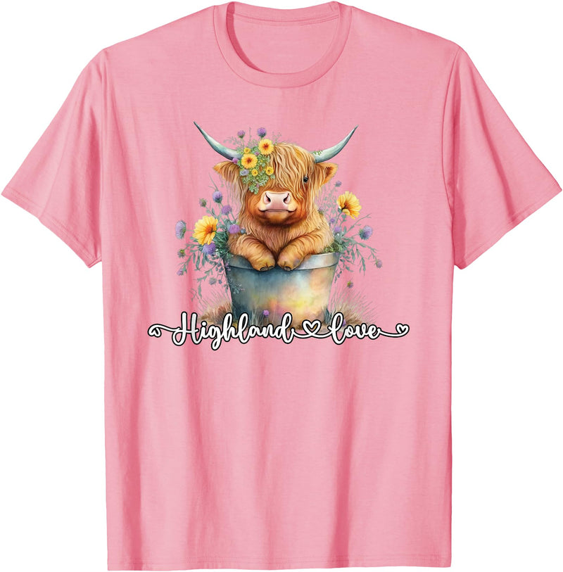 KAEDAM Gifts: Highland Cows Cute Baby Highland Cow Calf Love Spring Pastel Novelty T-Shirt - Pink