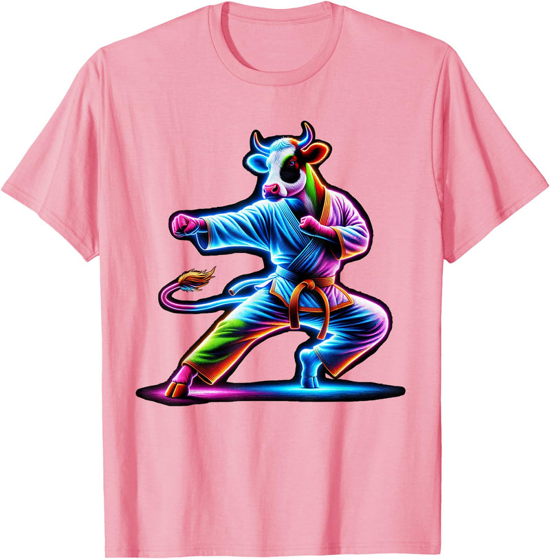 Cow Karate Black Belt Apparel Cow Karate Kick Punch Cute Funny Cool Martial Arts Cow T-Shirt - Pink