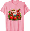 Kawaii Strawberry Piglet Farm Harvest Cute Farmer Pig Strawberry Patch Berry Picking T-Shirt - Pink