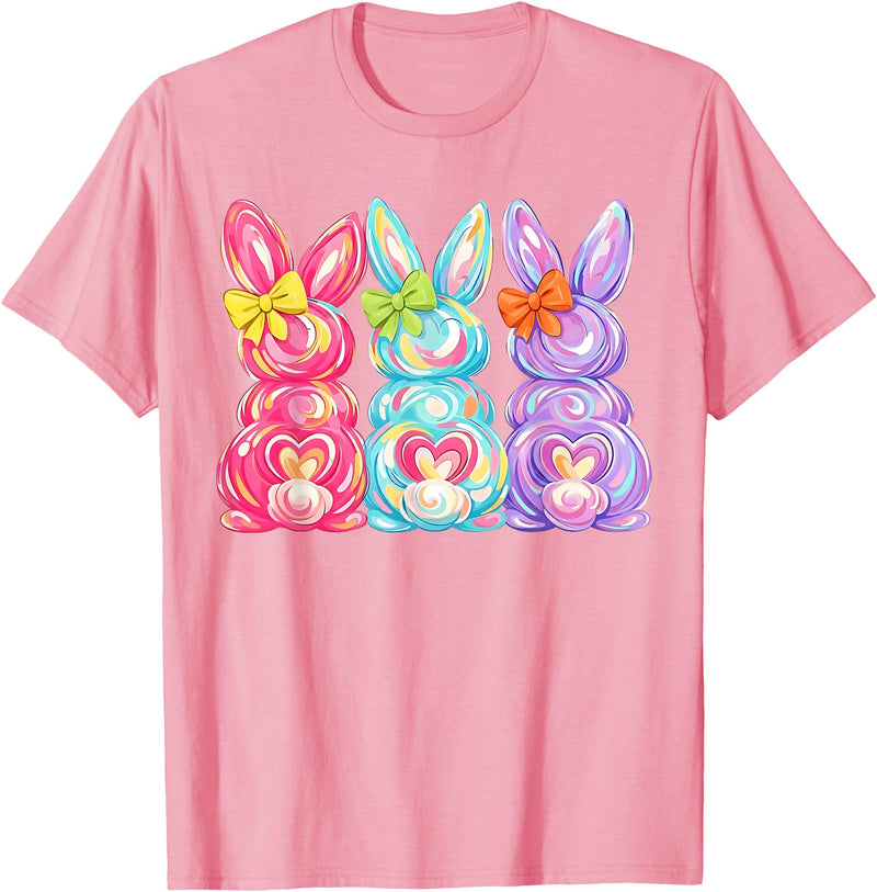 Easter Cute Bunny Coquette Bow Tie Dye Rabbit Women Girl Kid T-Shirt in Pink