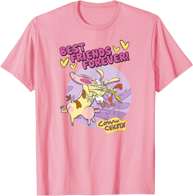 Cartoon Network Cow and Chicken Best Friends T-Shirt, Men's Blue Short Sleeve Cartoon Character T-Shirt, Small - Pink