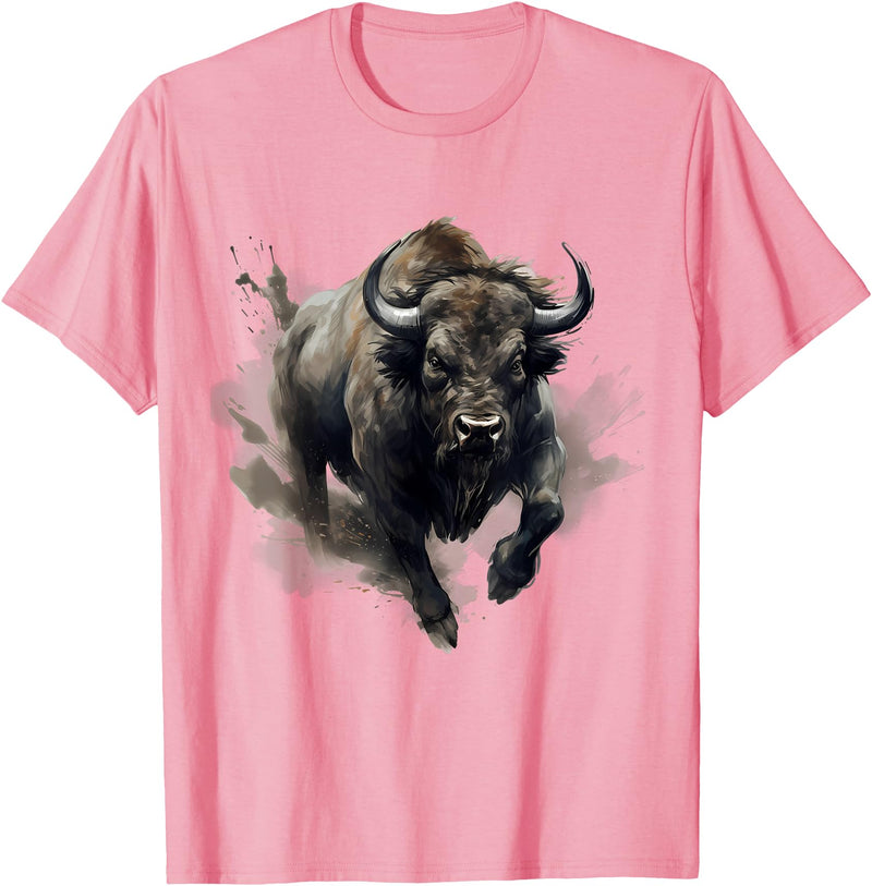 Safari Animal Art Buffalo Animal Print Splash Motif Bison Drawing Wildlife T-Shirt - Pink