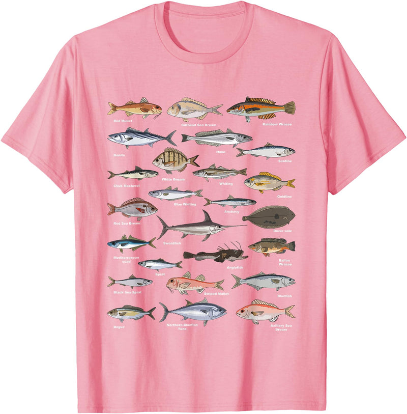 Botanical Chart Apparel Co. Vintage Fish Identification Chart Fishing T-Shirt Small - Pink