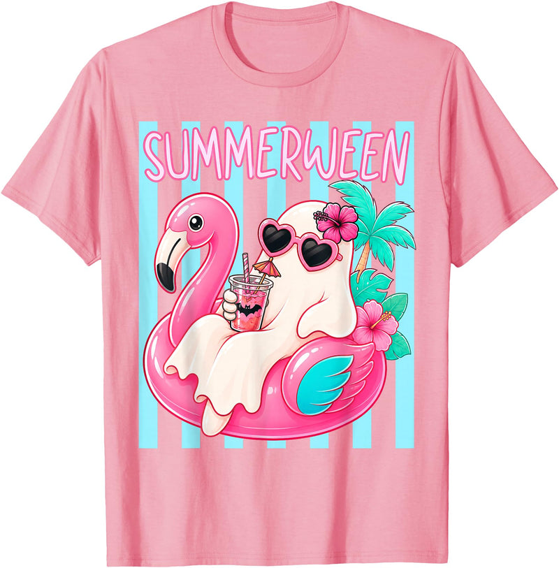 Funny Summerween Ghost Summer Halloween Vacation Summerween Funny Ghost Halloween Summer Floating in Flamingo T-Shirt - Pink