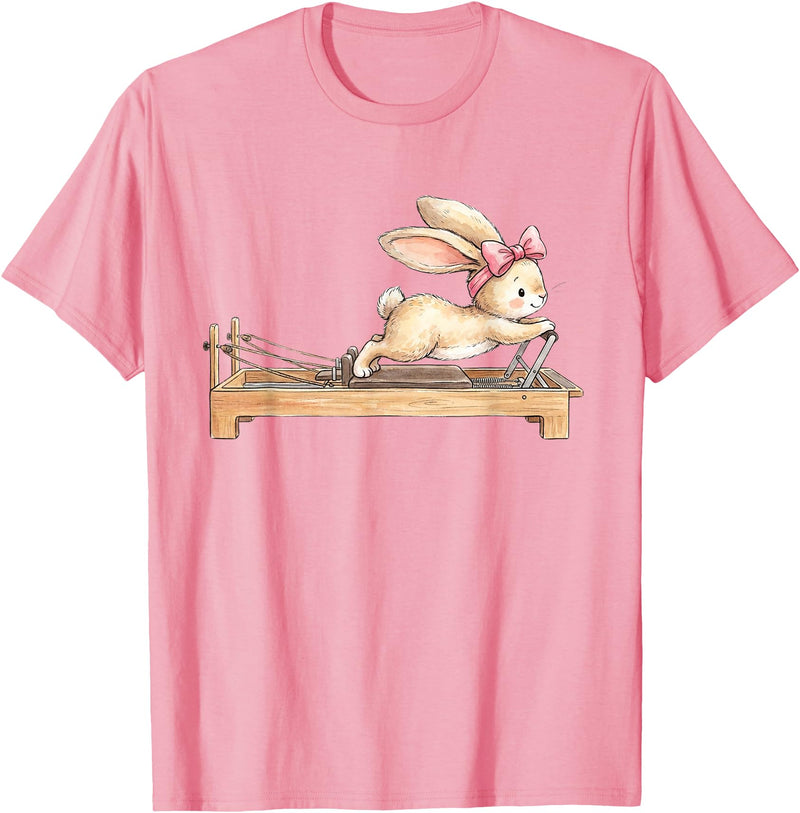 Cute Bunny Doing Pilates Reformer Machine Easter Rabbit T-Shirt in Pink