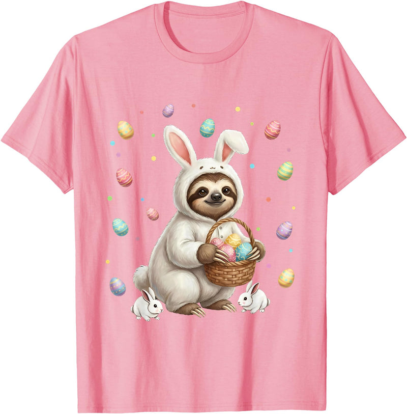 Cute Easter Bunny Rabbit with Eggs Whimsical Sloth Design T-Shirt in Pink