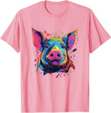 Retro Pig Poparts Tees Watercolor Colorful Pig T-Shirt - Pink