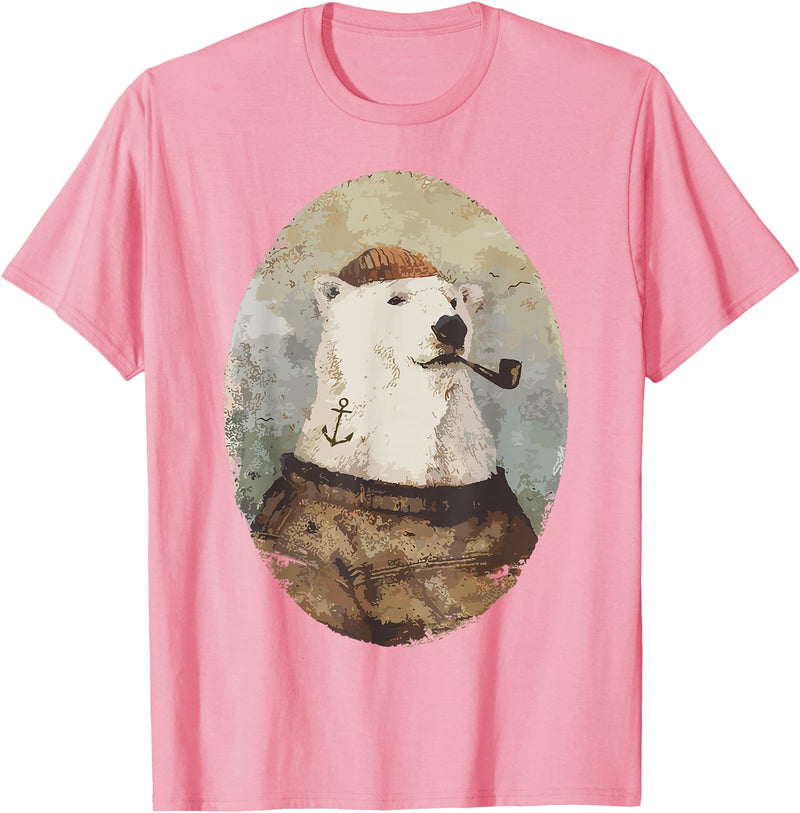 Polar bear Sailor Oil paint Inspired Cool Captain Polar Bear T-Shirt - Pink