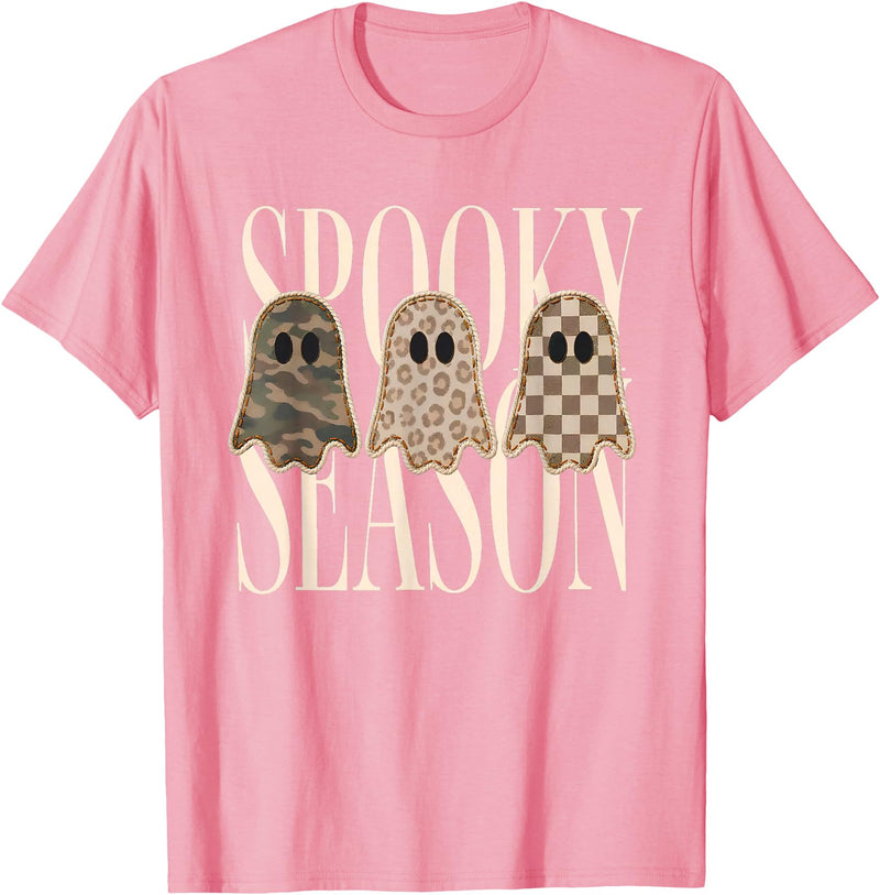Spooky Season Ghost Halloween Shirt Spooky Season Leopard Camo Checkered Ghost Halloween Fall T-Shirt - Pink